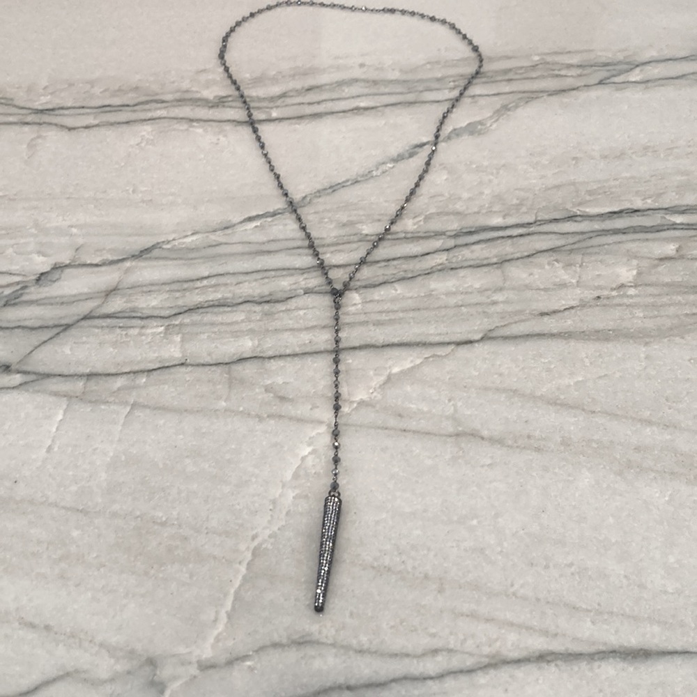Gunmetal lariat necklace with rhinestone pendant